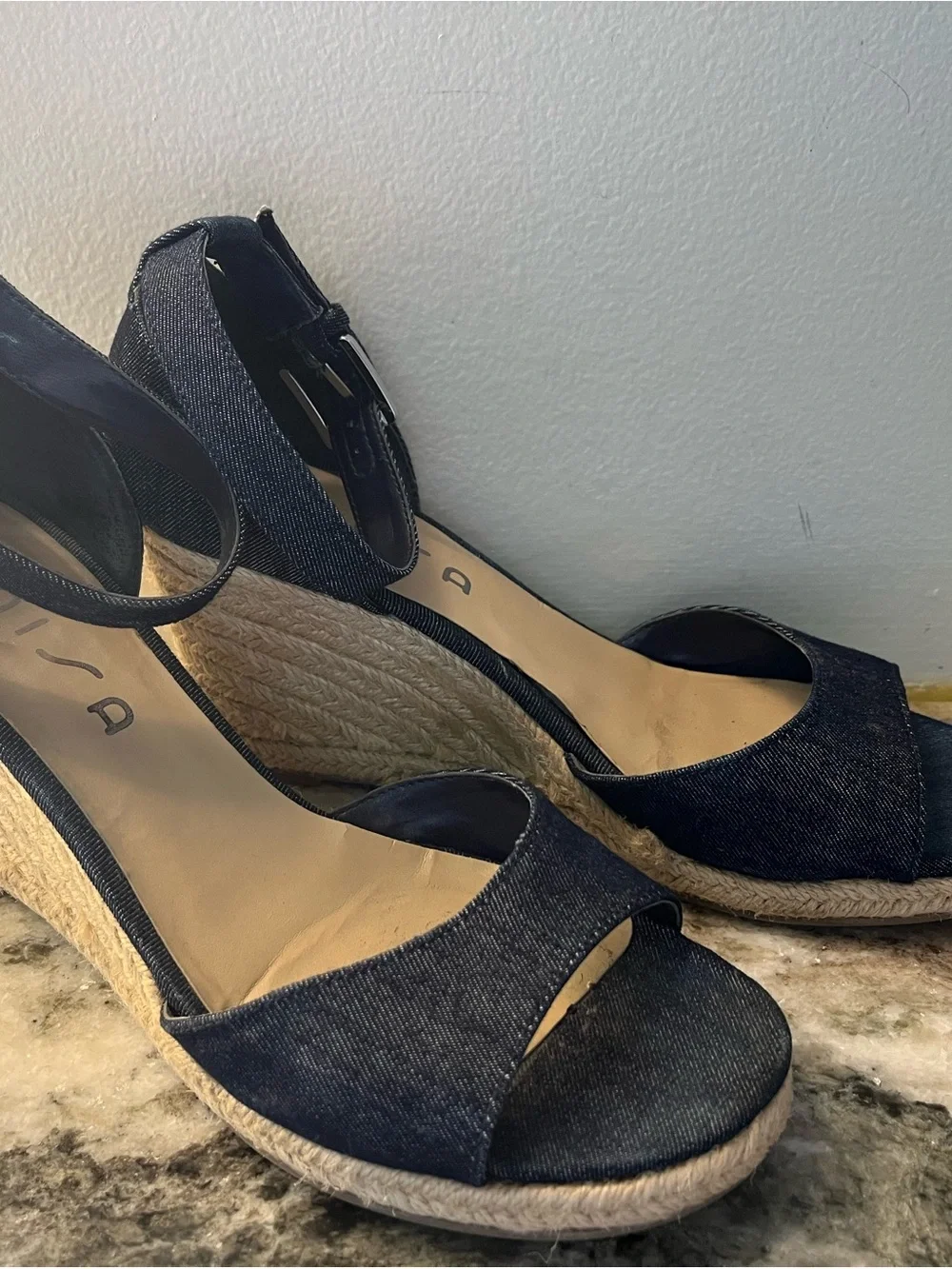 UNISA Blue Denim Espadrilles Med Heel Ankle Strap Size 9 MINT Ankle Strap